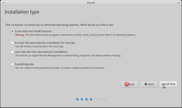 Erase disc and install Xubuntu screen
