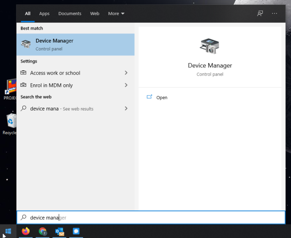 Screenshot of the Device Manager search result in the start menu